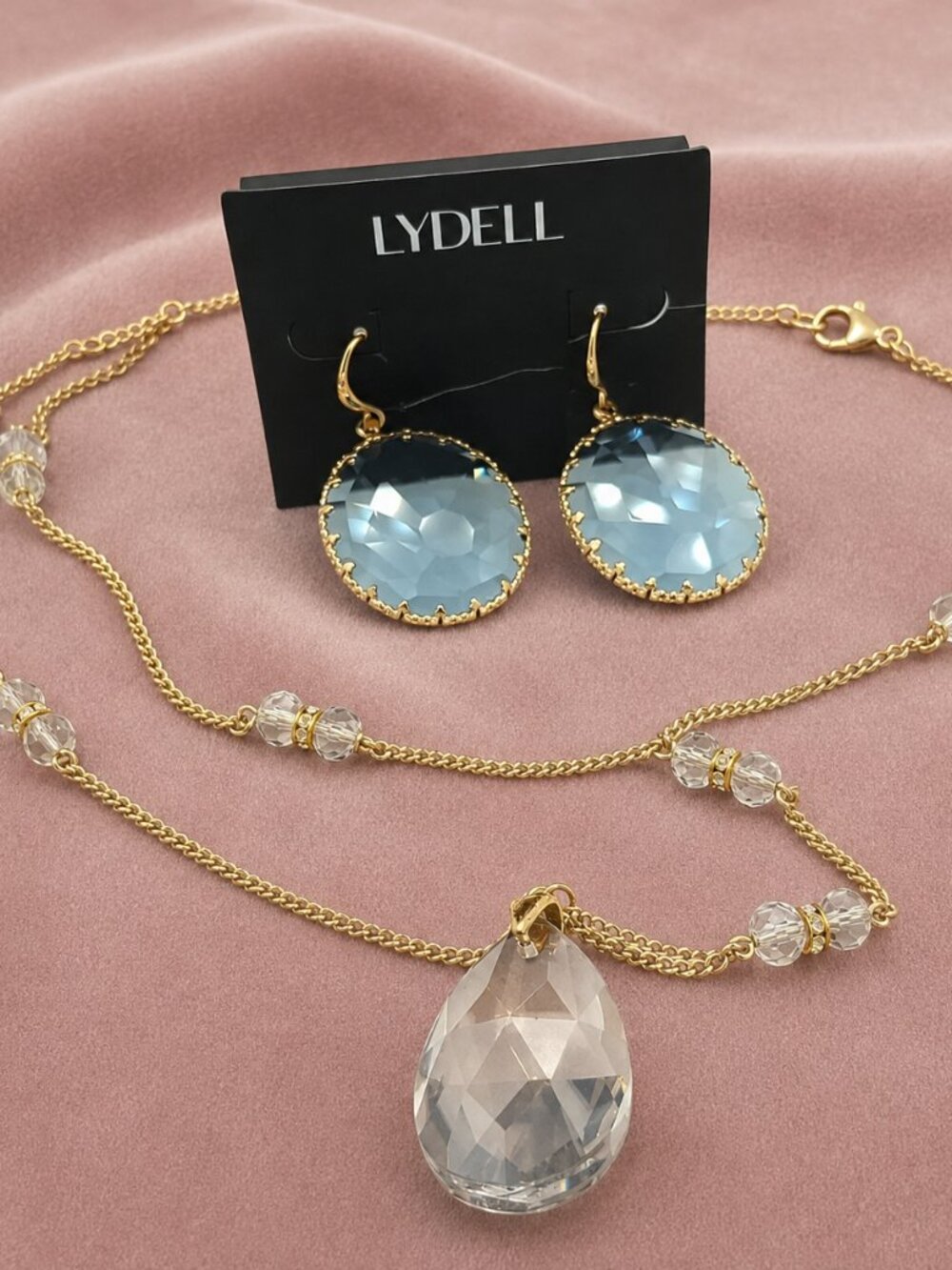 Lydell Blue Faceted Earrings & Smoky Teardrop Necklace Set